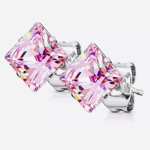 💗 BLING Cubic Zirconia Hypoallergenic Pink Princess Cut 10mm Earrings NEW